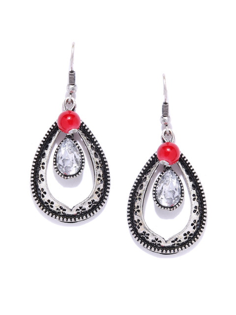 

Anouk Silver-Toned & Red Artificial Beads & Stone Studded Teardrop Shaped Drop Earrings