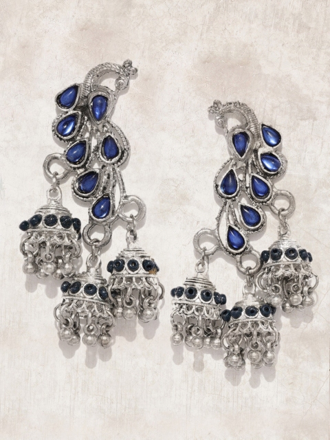 

Anouk Oxidised Silver-Toned & Blue Peacock Shaped Drop Earrings