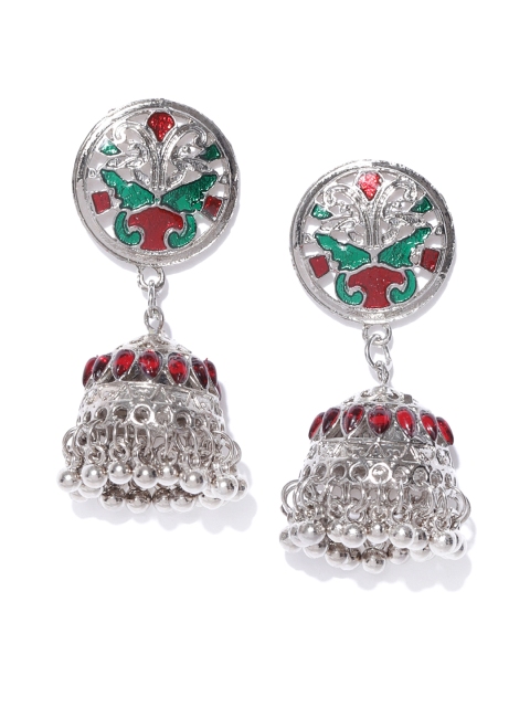 

Anouk Red & Green Oxidised Silver-Plated Enamelled Dome Shaped Jhumkas