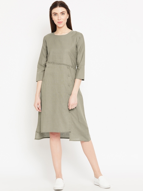 

sassystripes Women Taupe Linen Solid A-Line Dress