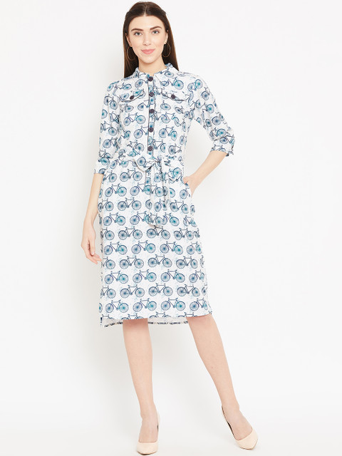 

sassystripes Women Off-White & Blue Printed Shirt Dress