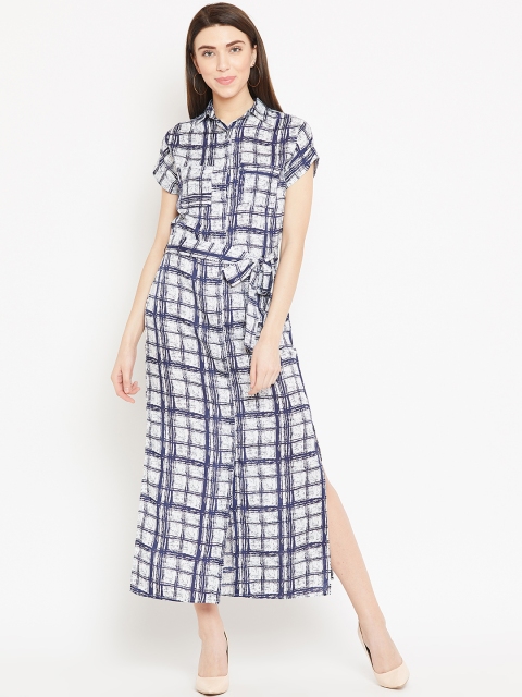 

sassystripes Women White & Navy Blue Checked Maxi Dress