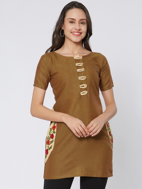 

Kvsfab Women Olive Brown Embroidered Kurti