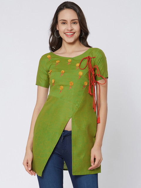

Kvsfab Women Green Embroidered Angrakha Kurti