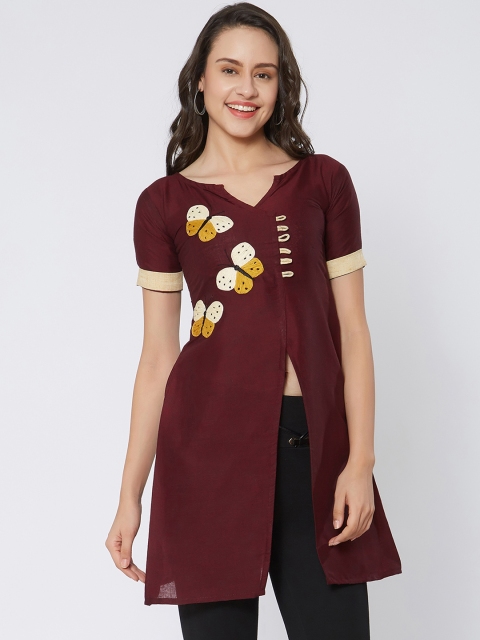 

Kvsfab Women Maroon Embroidered Kurti