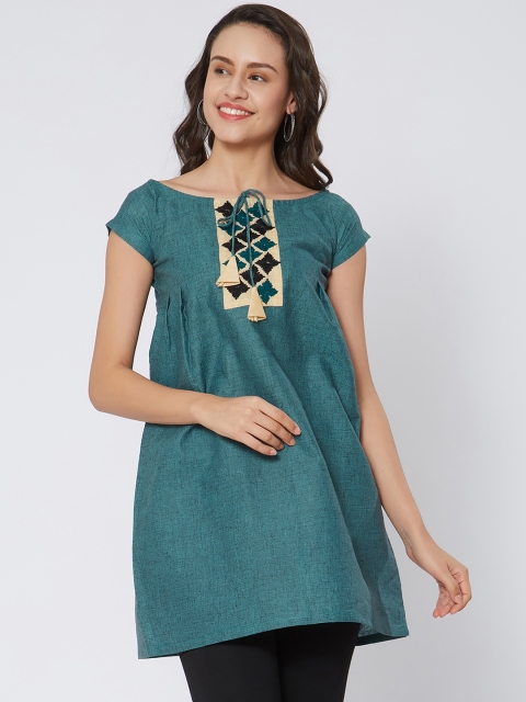 

Kvsfab Women Green Embroidered Kurti