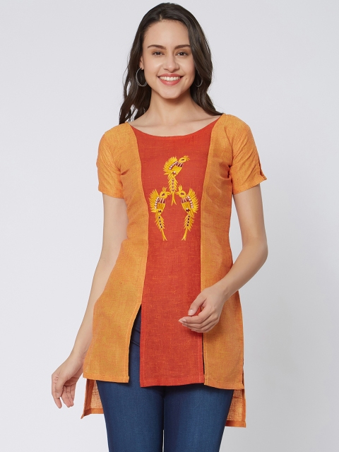 Kvsfab Women Orange & Red Embroidered Kurti
