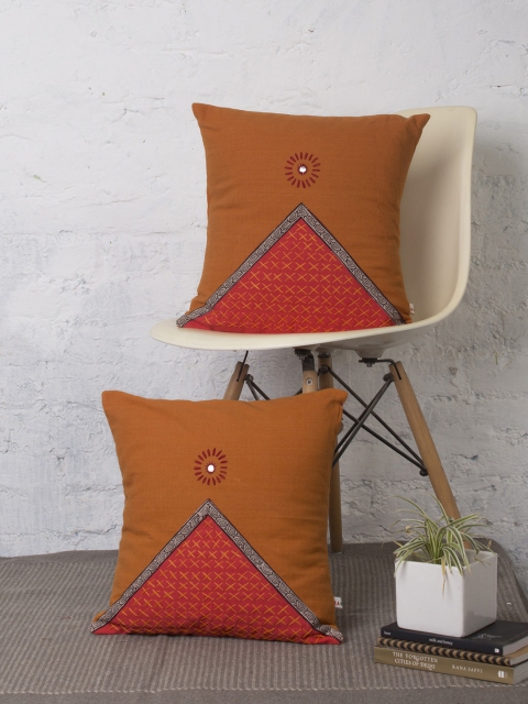 

RANGDESI Rust Orange Set of 2 Ethnic Motifs Square Cushion Covers