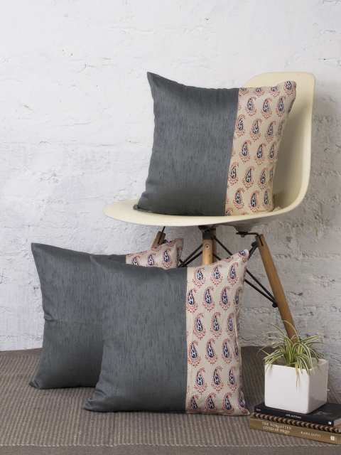 

RANGDESI Grey Set of 3 Ethnic Motifs Square Cushion Covers