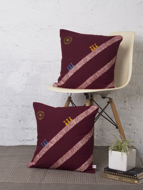 

RANGDESI Maroon Set of 2 Ethnic Motifs Square Cushion Covers