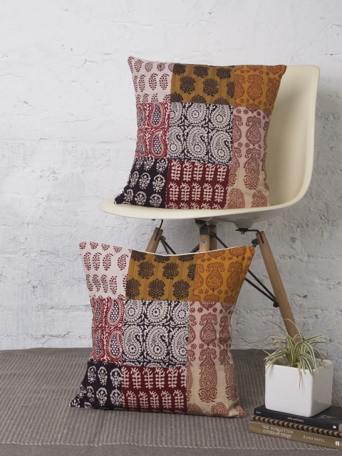 

RANGDESI Multicoloured Set of 2 Ethnic Motifs Square Cushion Covers, Multi