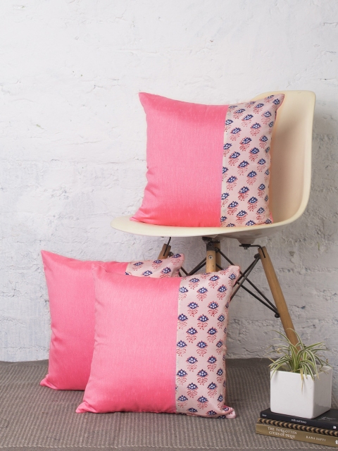 

RANGDESI Pink Set of 3 Ethnic Motifs Square Cushion Covers