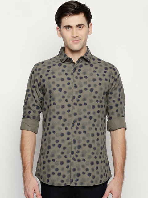 

Dennis Lingo Men Olive Green & Navy Blue Slim Fit Printed Casual Shirt