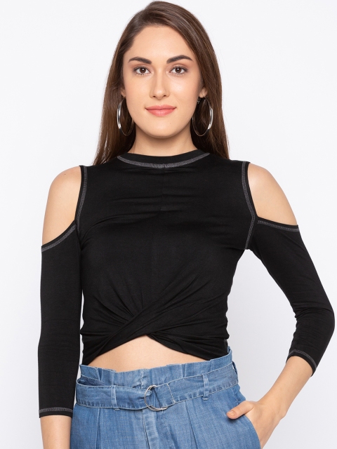 

TARAMA Women Black Solid Cold-Shoulder Sleeves Fitted Crop Top