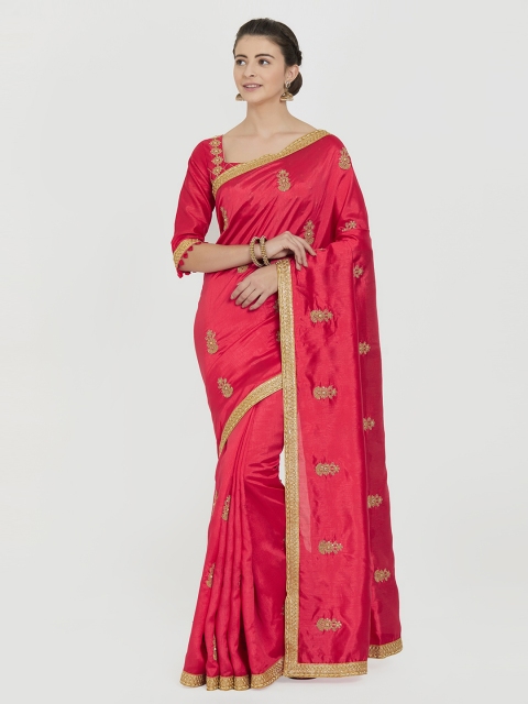 

Indian Women Pink Embroidered Pure Silk Saree