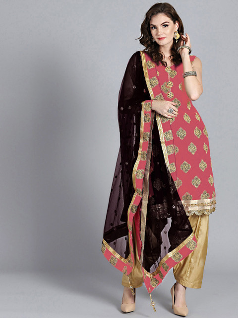 

Chhabra 555 Women Pink & Black Embroidered Kurti with Patiala & Dupatta
