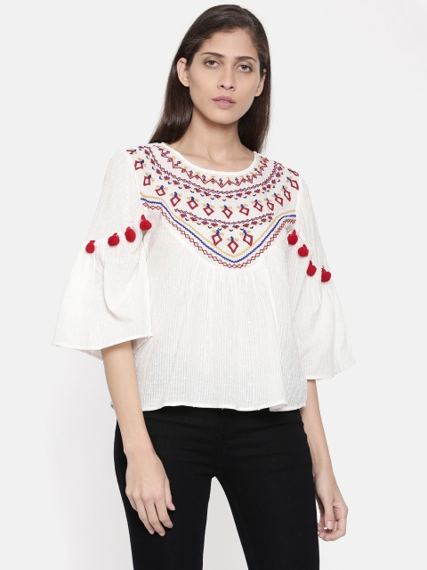 

Antheaa Women Off-White Self Design Embroidered Pure Cotton Top