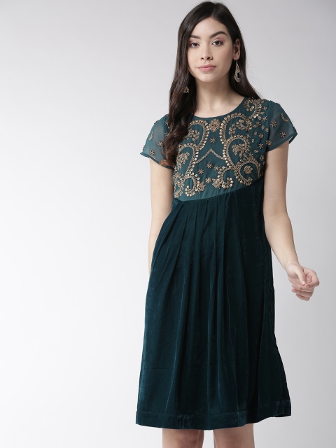 

Antheaa Women Teal Green Velvet Embellished Finish Fit and Flare Dress