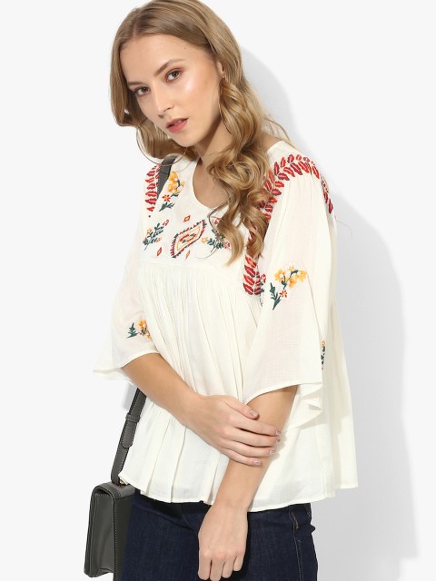 

Antheaa Off-White Embroidered Dobby Weave Blouse