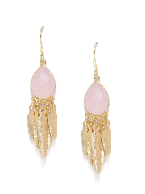 

Gehna Gold-Toned & Pink Feather Shaped Sterling Silver & Rose Quartz Drop Earrings
