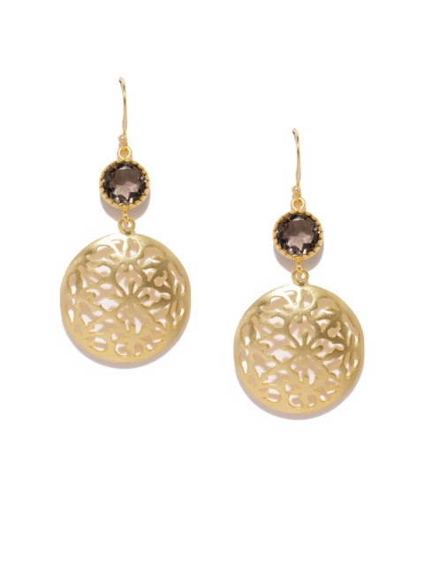 

Gehna Gold-Toned Sterling Silver Circular Smoky Quartz Drop Earrings