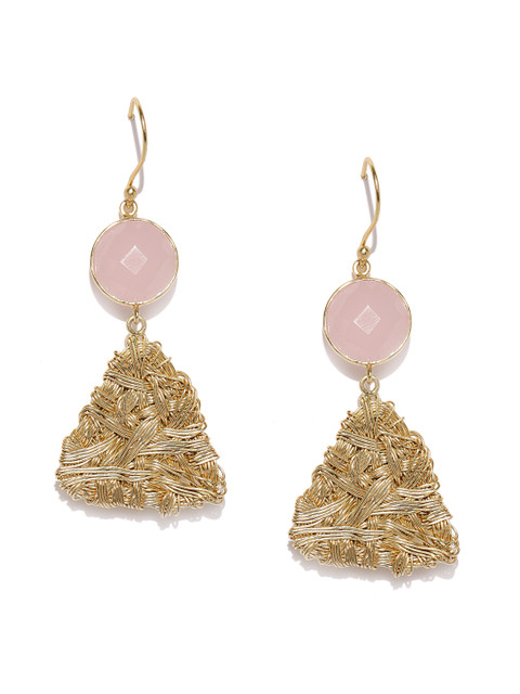 

Gehna Gold-Toned Triangular Sterling Silver & Rose Quartz Drop Earrings