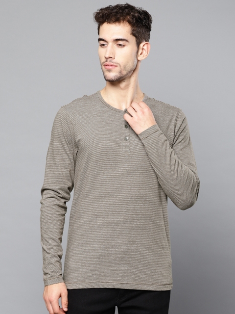 

Louis Philippe Jeans Men Brown & White Striped Henley Neck T-shirt