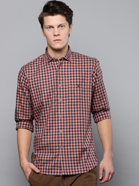 

Louis Philippe Sport Men Peach-Coloured & Blue Slim Fit Checked Casual Shirt