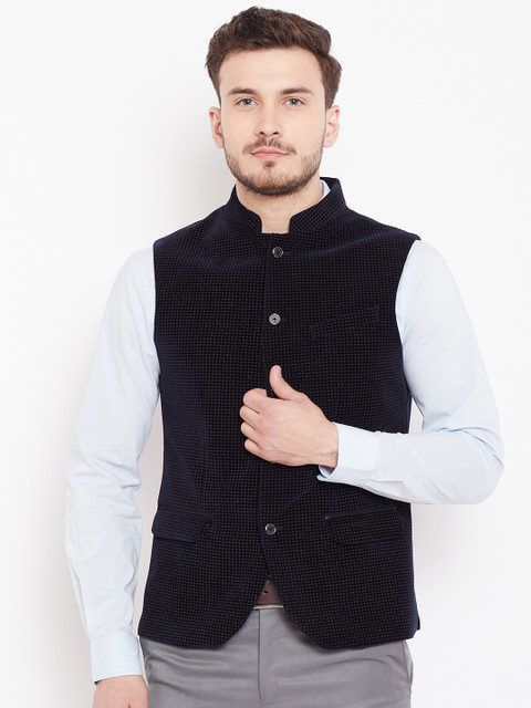 

Blackberrys Men Navy Blue Self-Design Nehru jacket