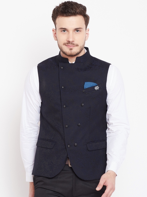 

Blackberrys Men Navy Blue Woven-Design Nehru jacket