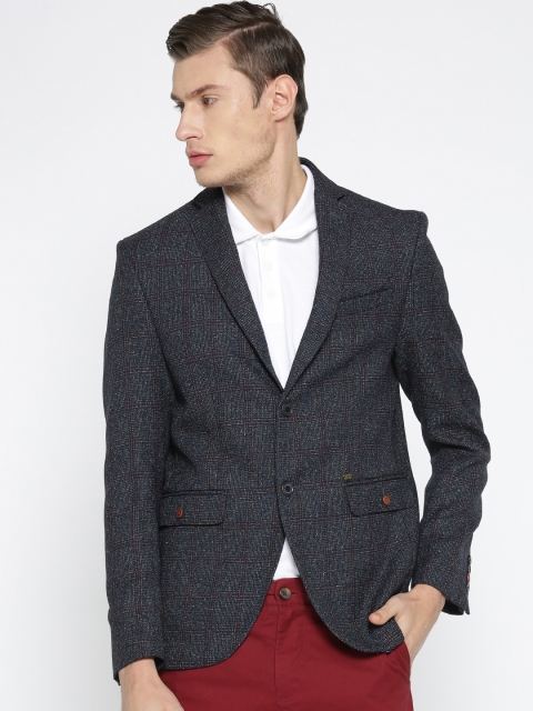 

Blackberrys Men Navy Blue Self-Checked Slim Fit Casual Blazer