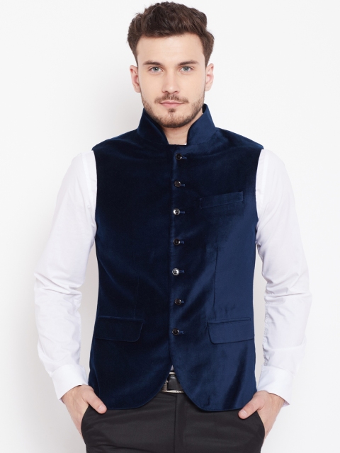 

Blackberrys Men Navy Blue Solid Velvet Nehru jacket