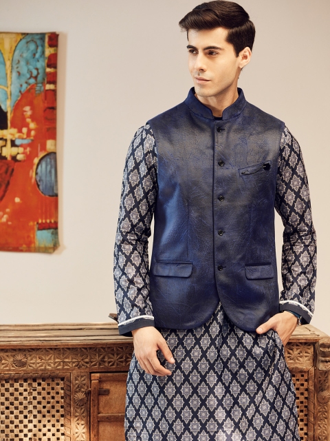 

Blackberrys Men Navy Blue Self Design Slim Fit Nehru jacket