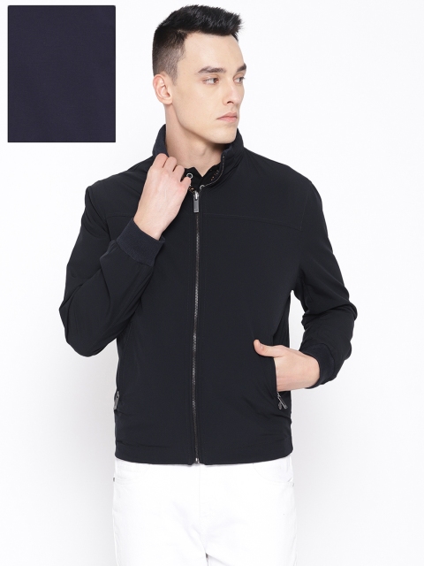 

Blackberrys Men Navy Blue & Black Solid Hooded Reversible Jacket
