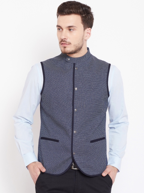 

Blackberrys Men Navy Blue & White Woven-Design Nehru Jacket