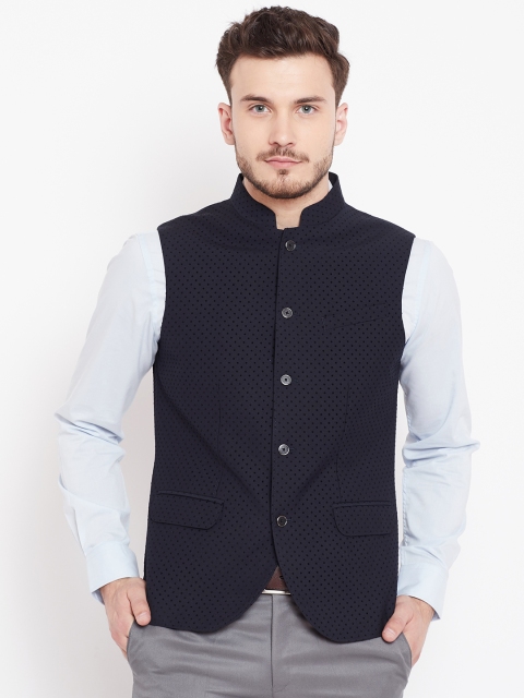 

Blackberrys Men Navy Blue Slim Fit Textured Nehru Jacket