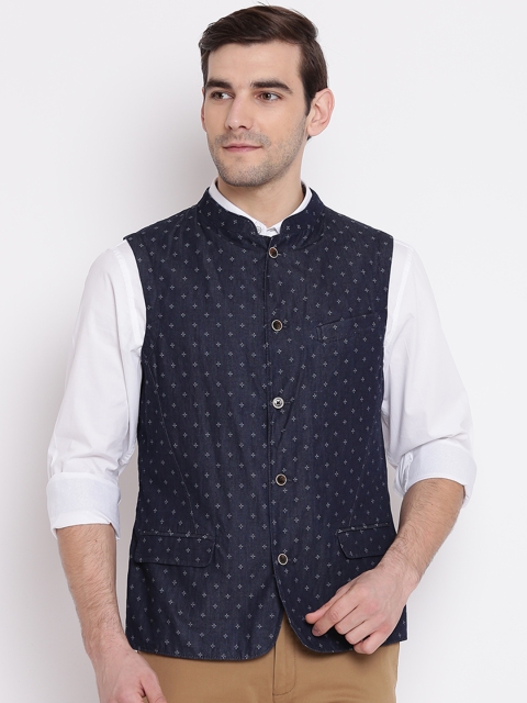 

Blackberrys Navy Blue Printed Pure Cotton Nehru Jacket