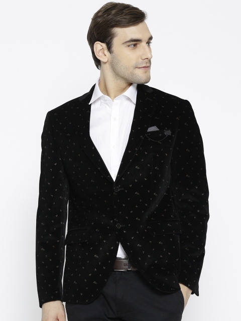

Blackberrys Men Black Printed Slim Fit Corduroy Single-Breasted Party Blazer