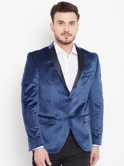 

Blackberrys Men Blue Patterned Single-Breasted Velvet Blazer
