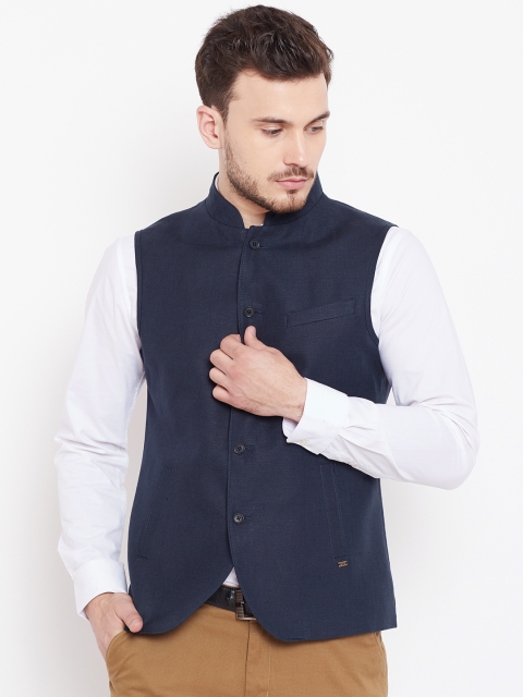 

Blackberrys Men Navy Blue Linen Nehru Jacket