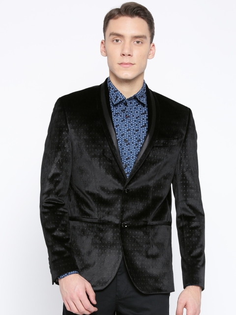 

Blackberrys Men Black Patterned Single-Breasted Velvet Blazer
