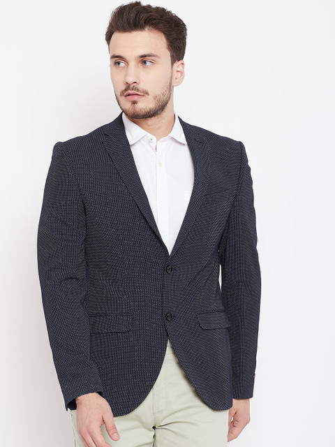

Blackberrys Men Navy Blue & White Woven Design Single Breasted Formal Blazer