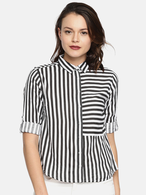 

People Women White & Black Slim Fit Striped Casual Shirt