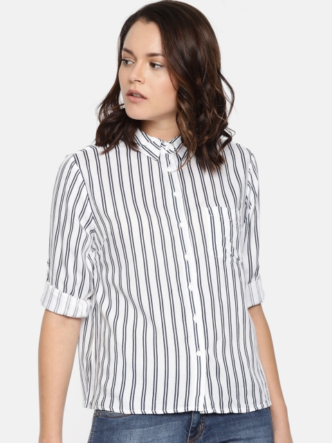 

People Women White & Navy Blue Regular Fit Striped Casual Shirt