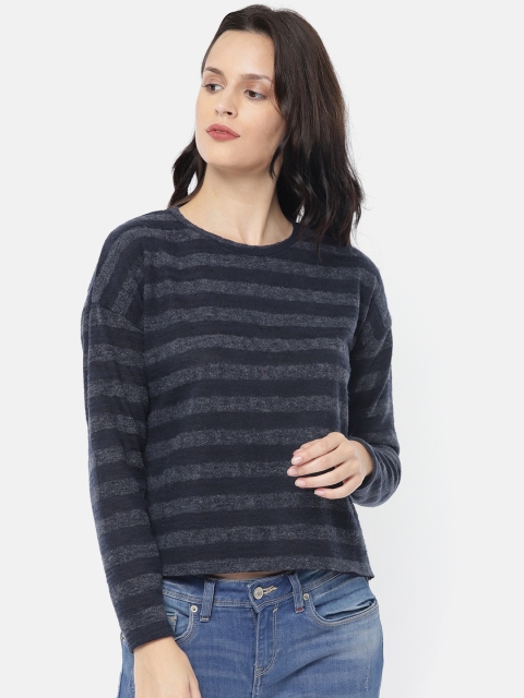 

People Women Navy Blue Streiped Round Neck Knitted T-shirt
