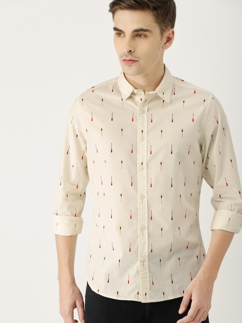 

United Colors of Benetton Men Cream-Coloured Slim Fit Printed Casual Shirt