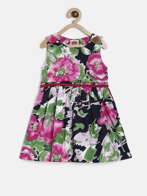 

612 league Girls Navy Blue Printed Fit and Flare Dress