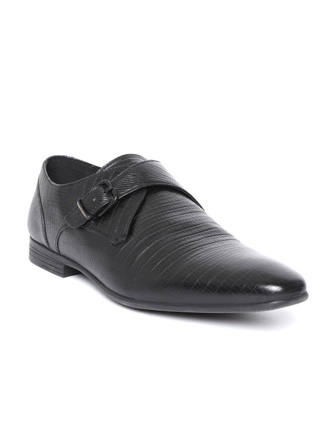 

Hush Puppies Men Black Leather Snakeskin-Textured Semiformal Monks