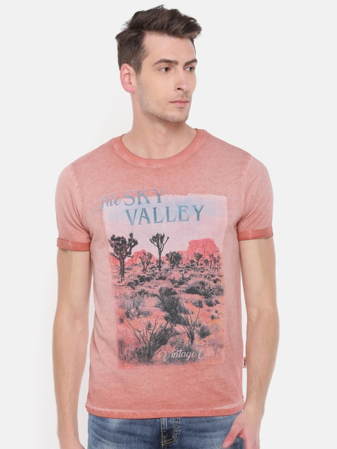 

Jack & Jones Men Peach-Coloured Printed Round Neck T-shirt