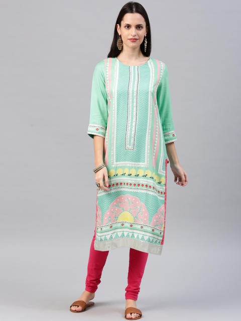 

W Women Blue Printed Straight Kurta